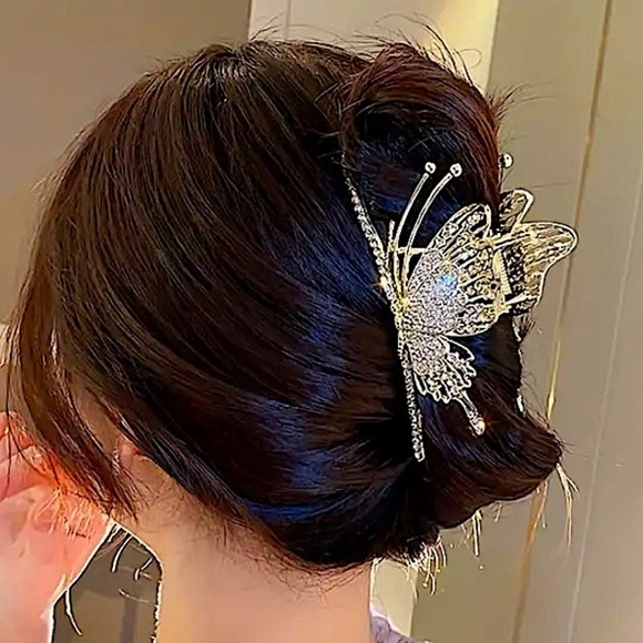 Unbranded Accessories - Metal Gold Butterfly Hair Claw Elegant Rhinestone Sparkly Everyday Accessory